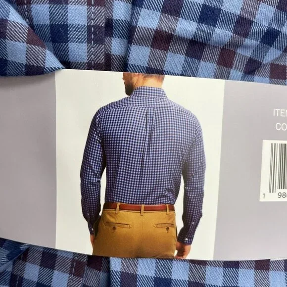 Izod Luxe Touch Men's L Modern Fit Blue Checkered Button-Up Dress Shirt M0429 - Picture 10 of 13